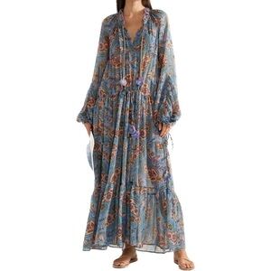 Anjuna Alicia Maxi Dress Metallic Floral Tiered Medium Blue Crochet Beaded boho